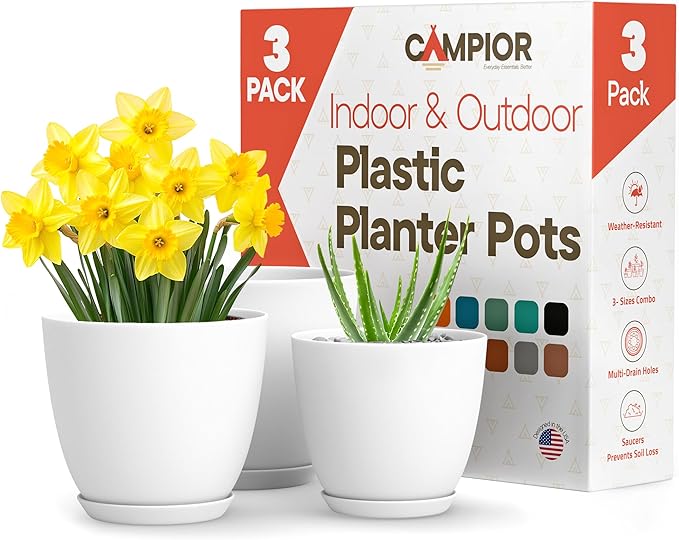 Planter Pots with Drainage Holes - Lightweight, Durable & Space-Saving Pots for Indoor and Outdoor - Versatile Functionality, Simple Modern Design, Set of 3 Plastic Planter Pots - White