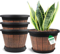 Quarut Large 4 Pack 14 inch Plant Pots,Whiskey Barrel Planters with Drainage Holes & Saucer,Plastic Decoration Flower Pots Retro Design,Planters for Outdoor Indoor Garden Balcony Plants (Brown)