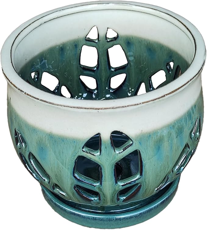 W&W Orchid Pot with Holes and Saucer for Repotting, Teal Mix, 6.5"