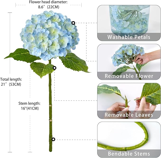ZYTUYO 3PCS Blue Green Hydrangeas Artificial Flower 21" Real Touch Faux Latex Fake Hydrangeas Silk Bouquet for Home Kitchen Living Room Spring Table Office Wedding Party Arrangement
