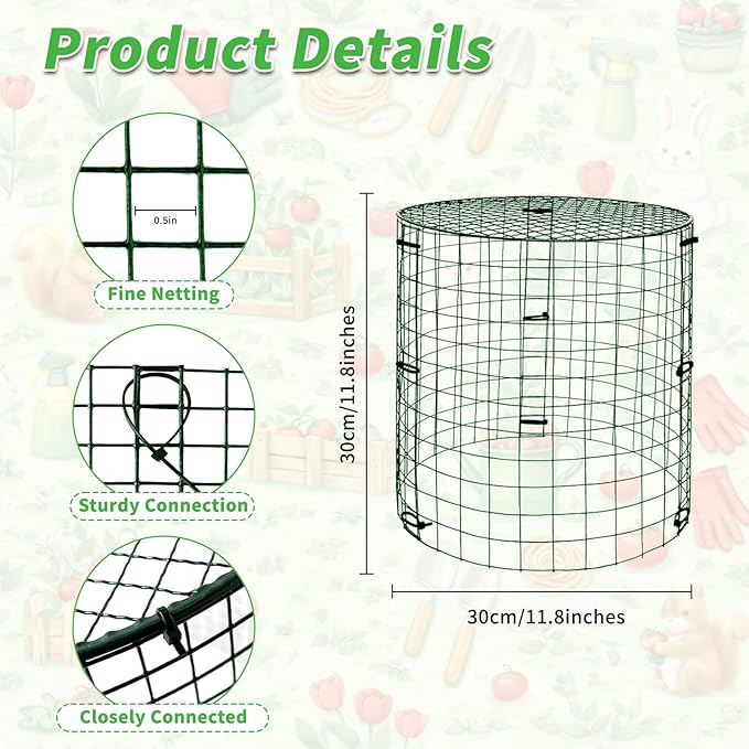 6 Pack Dark Green Plant Protectors, 11.8×11.8in Round Garden Fence Cages with Lid, Keep Rabbits, Squirrels & Pets Away, Includes Stakes, Zip Ties & Gloves for Easy Setup