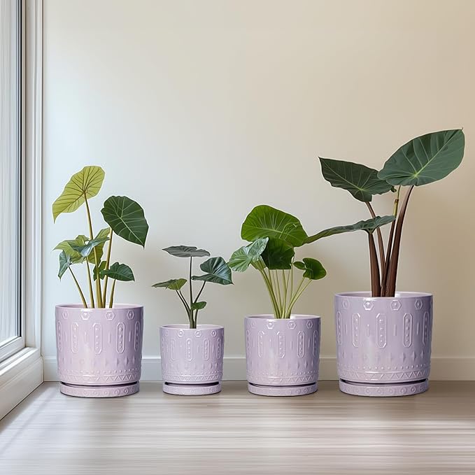 Ceramic Pots for Plants, 6 Inch Plant Pot for Indoor Outdoor Plants, Round Planter with Drainage Holes and Saucer, Boho Decorative Flower Pots, Apartment Decor, Plant Lover Gifts, Purple