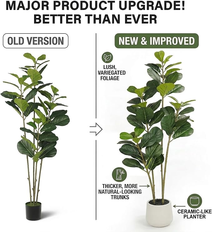6FT Artificial Fiddle Leaf Fig Tree for Indoor Home Office Decor-Realistic Fake Ficus Tree in Black Planter,Faux Plant with Lifelike Trunk&Leaves for Living Room,Housewarming Gift