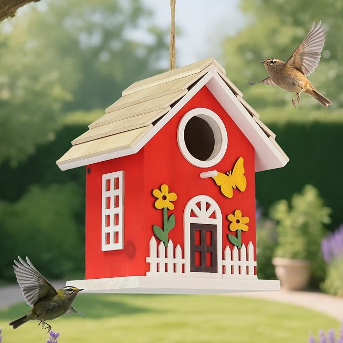 Wooden Bird Houses Bird House for Outside,Red Wood Bird House for Outdoors, Nesting Box with Sturdy Rope, Haing Bird Houses for Garden Blue Bird Hummingbird Wren Cardinal Swallow Sparrow Finch