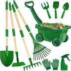 Duckura Kids Gardening Tools Set - 10pcs Wheelbarrow Set for Kids with Shovel, Rake, Leaf Rake, Summer Outdoor Yard Digging Weed Toys, Easter Birthday Gifts for Boys Girls Age 2 3+ Years(Green)