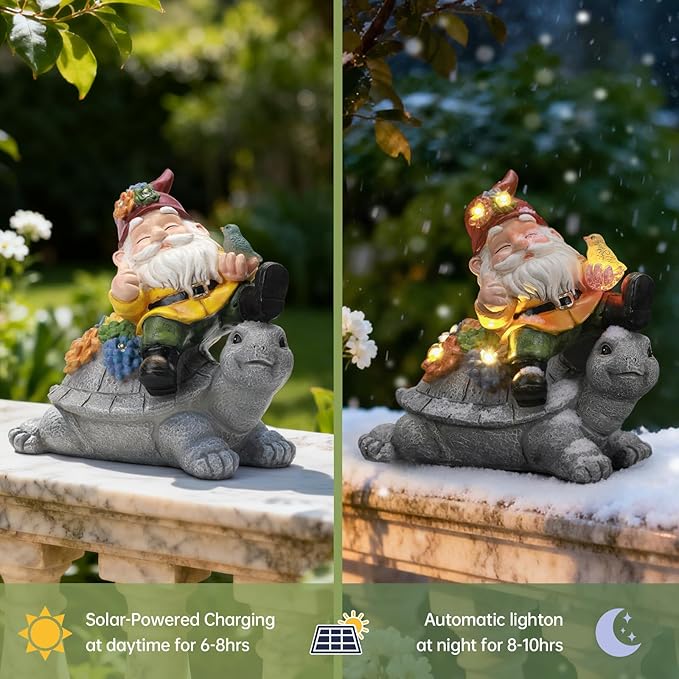 Solar Gnome Statue Outdoor Decor,Gnome on Turtle Figurines with LED Light for for Fairy Garden Yard Balcony Lawn Christmas Housewarming for Women Mom Grandma
