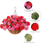 INSPRING Geraniums Artificial Flowers Hanging Basket for Outdoors Outside Spring Decoration, 8 Bundles Silk Flowers Fake Plants Look Real UV Resistant for Porch Home Patio Balcony Yard, Red Pink