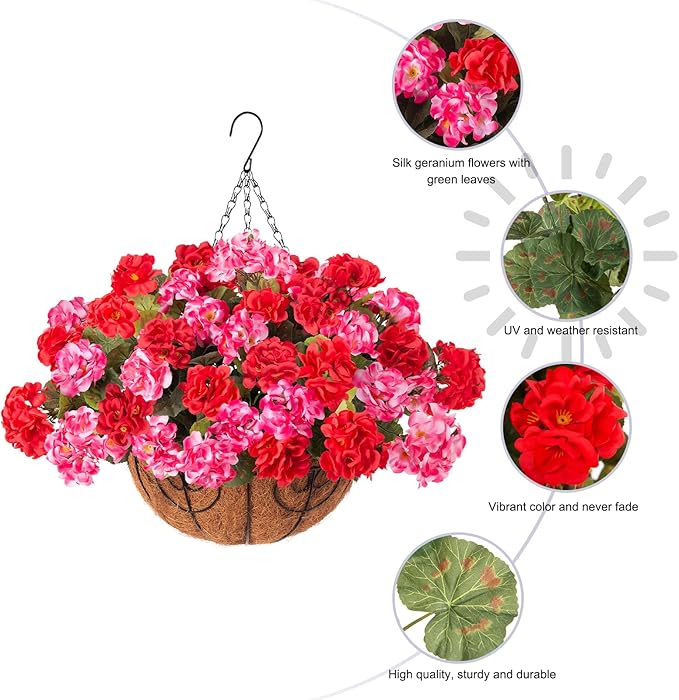 INSPRING Geraniums Artificial Flowers Hanging Basket for Outdoors Outside Spring Decoration, 8 Bundles Silk Flowers Fake Plants Look Real UV Resistant for Porch Home Patio Balcony Yard, Red Pink
