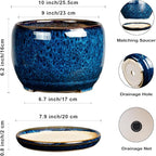 SQOWL 10 Inch Plant Pot - Ceramic Planter Pot with Drainage Hole and Saucer, Decorative Plant Pot for Indoor Outdoor Plants, Round Large Planter Flower Pot, Blue