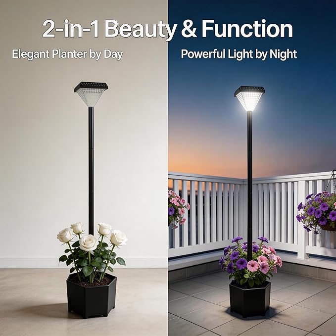 54" Solar Lamp Post with Planter, Outdoor Solar Post Lights - IP44 Waterproof, Diamond Lamp Head Design, White Lights Dusk to Dawn 6-8Hr, Easy Install for Lawn, Patio, Porch, Yard & Pathway Decor