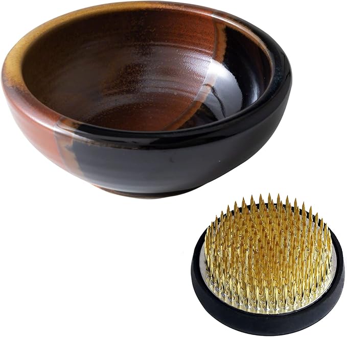 Wazakura Minoyaki Series Japanese Ikebana Essential Tool Kit with Small Round Ceramic Flower Vase and Kenzan Pin Frog for Floral Arranging - Black & Red Kenzan + 2in (61mm) Brass Kenzan