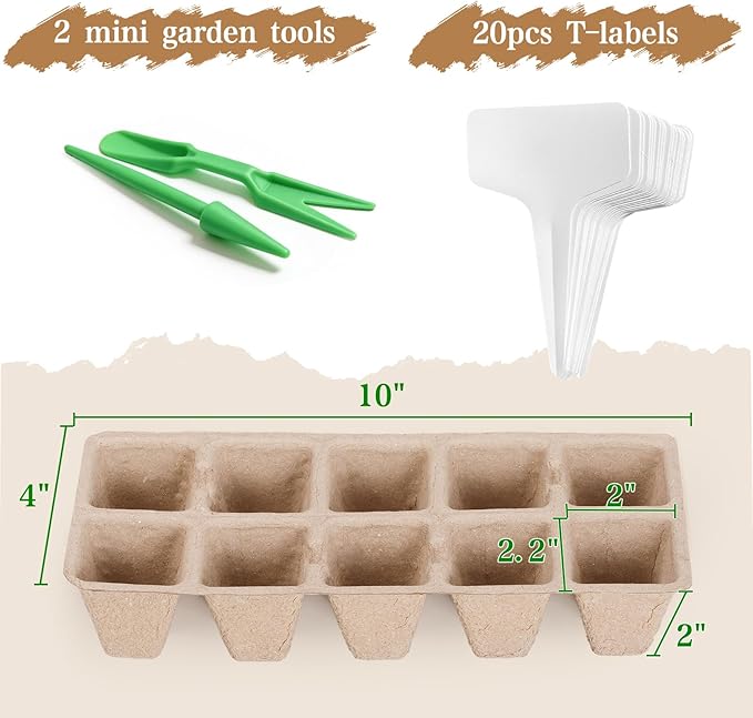 200 Cells Seed Starter Tray, 20 Pcs Biodegradable Plant Starter Peat Pots(Including T-Type Labels & Starter Tools)– Eco-Friendly Gardening Supplies, No Transplant Needed