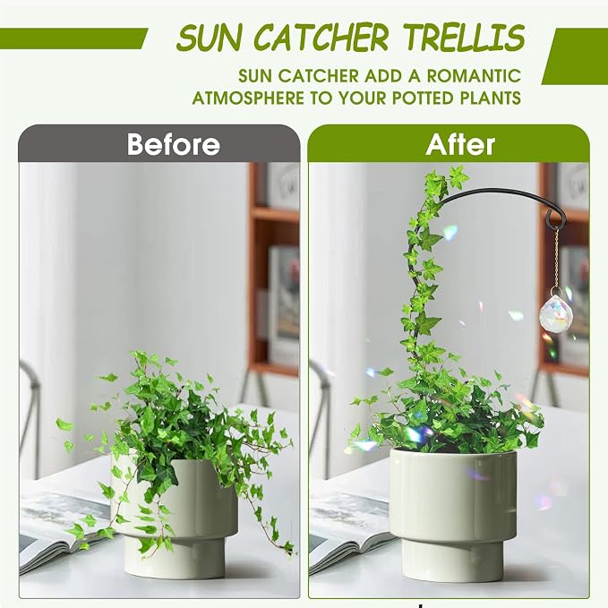 Plant Trellis for Potted Plants with Colorful Crystal Suncatcher, 17.5 Inch Metal Plant Stakes for Indoor Plant Accessories Indoor for Home Garden,Plant Lover Gift (Black)