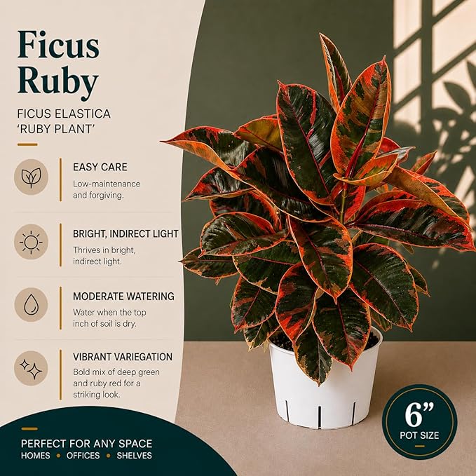 Large Ficus Ruby Live Plant, Indoor Plant, Live Houseplants, Ficus Plant for Home Decor, Colorful Indoor House Plant