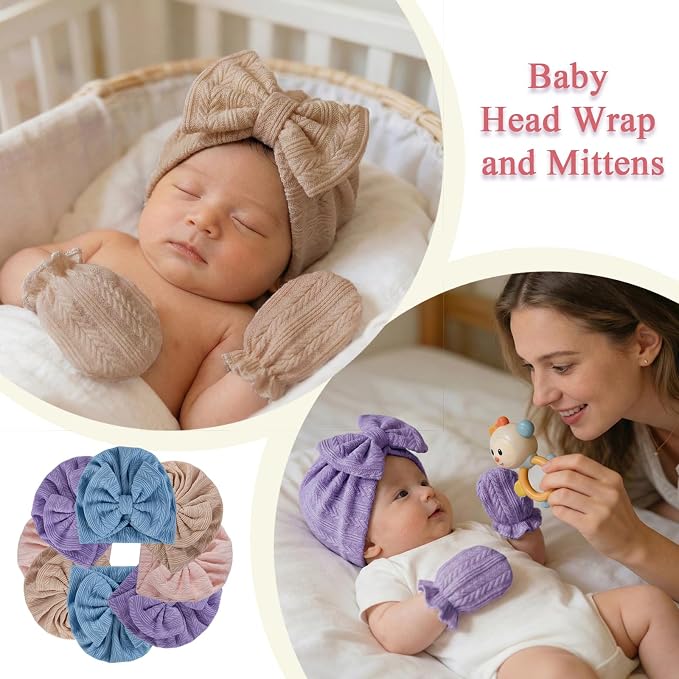 Newborn Baby Girl Hats Mittens Set Cotton Hospital Bow Hat Beanies Caps Gloves for New Born Girls 0-6 Months