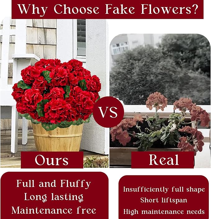 6 Bundles Artificial Geranium Flowers for Outdoors, Realistic Silk Geraniums Fake Flowers UV Resistant Faux Plants for Porch Front Door Planter Patio Balcony Outside Decor (Red)