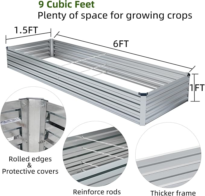Meberam 2 Pack 6x1.5x1FT Galvanized Raised Garden Beds Kit Outdoor Metal Gardening Planter Box for Vegetable Elevated Flower Herbs,Silver
