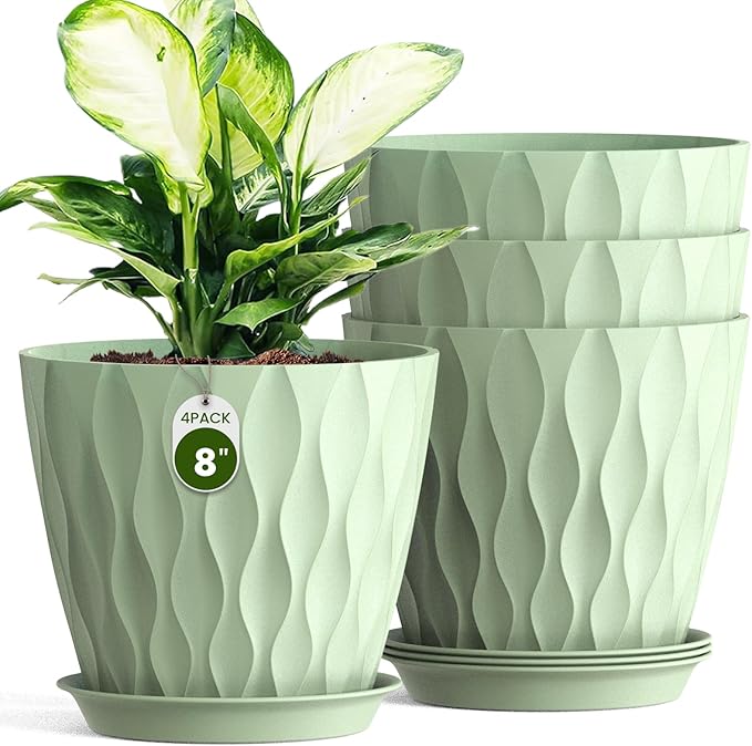 8" Water Wave Plant Pots with Drainage Holes & Saucers, 4 Pack Modern Textured Medium Planters for Indoor Outdoor Plants, Decorative Flower Pots Repotting Set for Flowers, Herbs (Green)