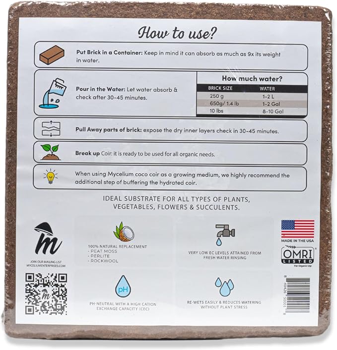 Mycelium Coco Coir Brick I Expandable Organic Coconut Fiber Substrate I Plants Potting Soil Mix for Indoor & Outdoor Gardening, Succulents & Cactus I OMRI Certified & Non-GMO Soil Alternative, 10lbs