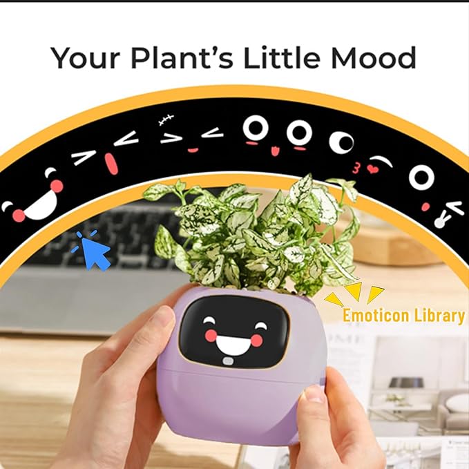 Smart Pet Planter, Smart Plant Pot, With Artificial Intelligence, Time Weather Display, And Multiple Expressions Animation,Lovely Plant Companion, For Desktop Decoration, Gifts,Plant-Free (Violet)