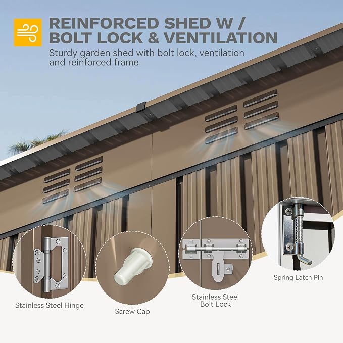 DWVO 9x4ft Large Outdoor Storage Shed, Metal Tool Sheds, Heavy Duty Tool Storage with Lockable Doors & Air Vent for Backyard Patio Lawn to Store Bikes, Tools, Lawnmowers,Brown