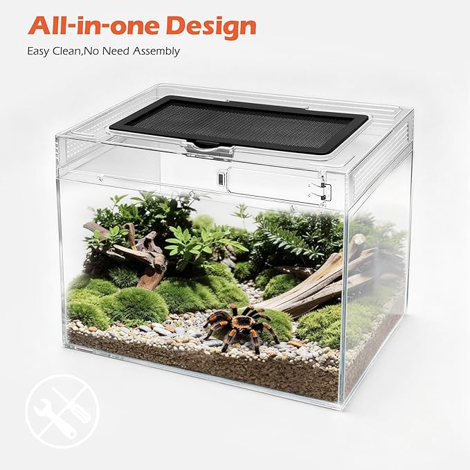 AZV Reptile Terrarium Starter Kit,8 Piece Small Reptile Tank with Escape-Proof Locks,Mesh Top,Multi-Vent Compatible Habitat,Durable Clear PC,Easy-Clean Waterproof Base for Geckos,Frogs,Spiders Large