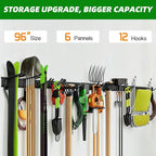 PIYILO Garage Wall Organizer, 96 in Garden Tool Organizer with 12 Adjustable Garage Hooks and 3 Storage Straps, Heavy Duty Tool Holder Wall Mount for Garden & Shed Tools
