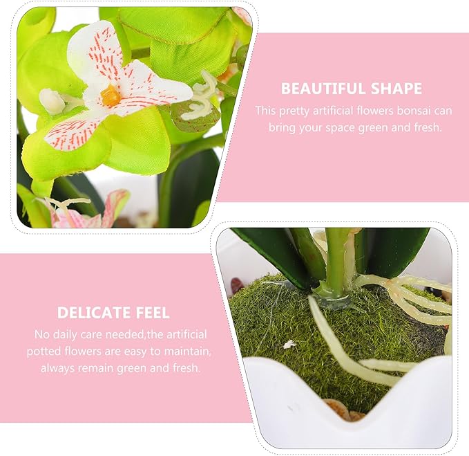 Healeved Fake Orchid Bonsai Plant in Pot, Green Phalaenopsis Artificial Flower Decoration for Indoor Home Décor, Faux Orchid Arrangement for Living Room and Office Display