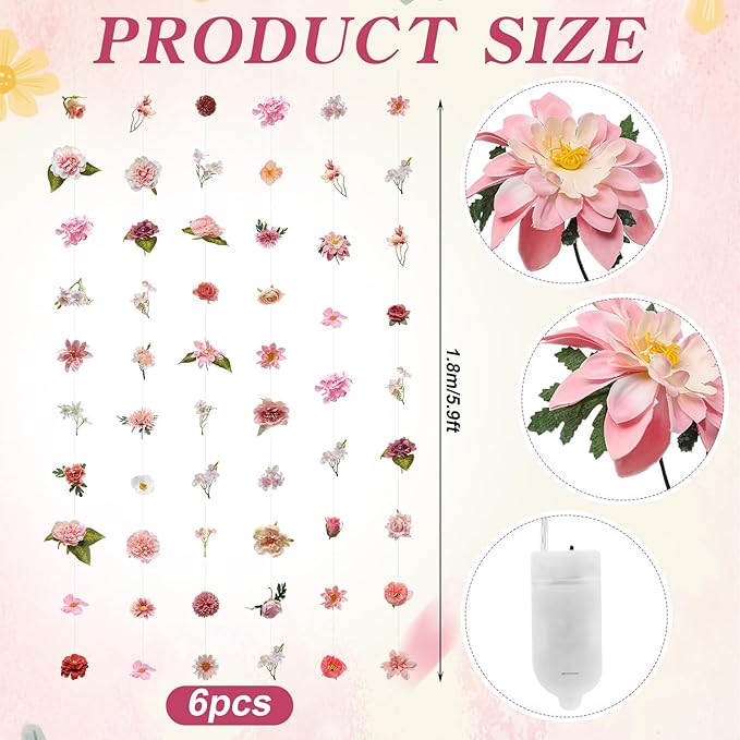Suncalla 6 Pcs 35.4ft Hanging Flowers Garlands Backdrop Lighted Floating Fake Wildflower Vines LED Floral Garland Ceiling for Spring Wedding Bridal Shower Birthday Graduation Party(Fresh,Pink)