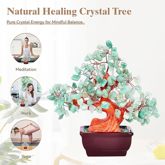 Feng Shui Quartz Crystal Money Tree Bonsai Style Decoration for Luck and Wealth (Green)