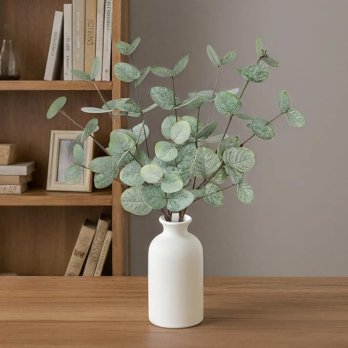 15" Artificial Eucalyptus Stems Potted Plant - Realistic Small Fake Desk Plants for Office Home Decor, Faux Plants in Frosted Ceramic Vase for Indoor Spaces, Wedding Centerpieces Table Decor（4pcs leaf