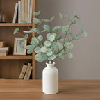 15" Artificial Eucalyptus Stems Potted Plant - Realistic Small Fake Desk Plants for Office Home Decor, Faux Plants in Frosted Ceramic Vase for Indoor Spaces, Wedding Centerpieces Table Decor（4pcs leaf