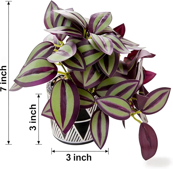 7" Artificial Tradescantia Zebrina Plant in Geometric Ceramic Pot, Lifelike Purple Variegated Vine 8" Wide Faux Indoor Plant for Home Office Desk Shelf Bathroom Decor