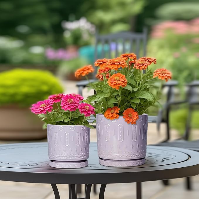 Ceramic Pots for Plants, 6 Inch Plant Pot for Indoor Outdoor Plants, Round Planter with Drainage Holes and Saucer, Boho Decorative Flower Pots, Apartment Decor, Plant Lover Gifts, Purple