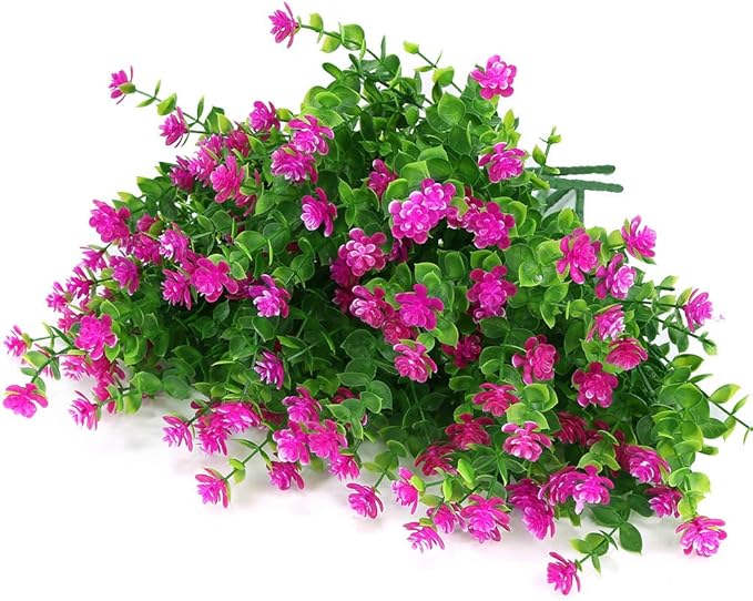 6 Bundles Outdoor Artificial Flowers UV Resistant Fake Boxwood Plants, Faux Plastic Greenery for Indoor Outside Hanging Plants Garden Porch Window Box Home Wedding Farmhouse Decor (Magenta)