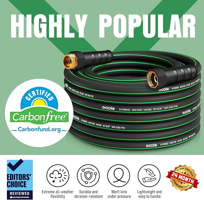 Heavy Duty Garden Hose 50 ft, NON-EXPANDABLE Water Hose with 10 Function Spray Nozzle, Lightweight Kink-less Hybrid Hose with Swivel Handle, Male to Female Fittings