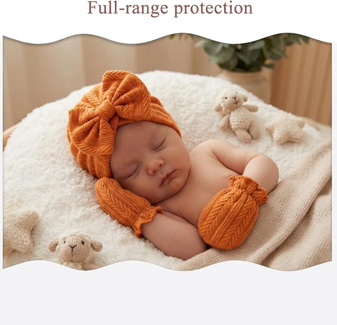 Newborn Baby Girl Hats Mittens Set Cotton Hospital Bow Hat Beanies Caps Gloves for New Born Girls 0-6 Months