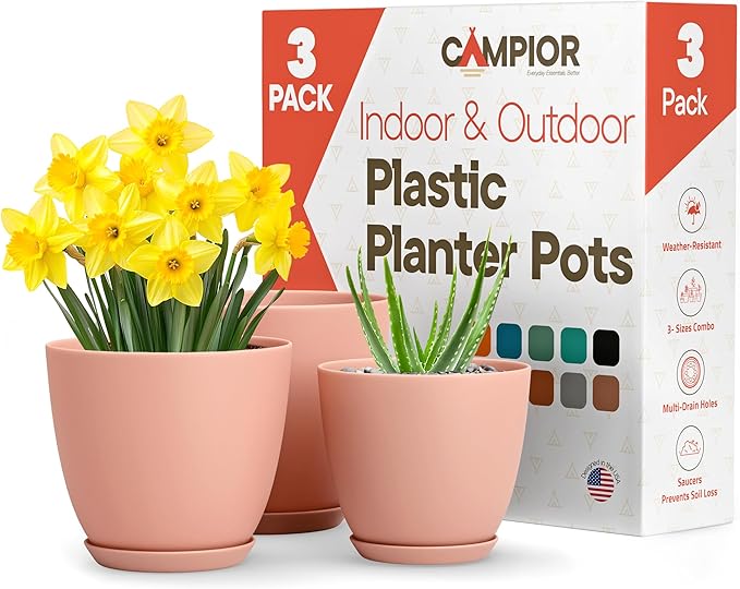 Planter Pots with Drainage Holes - Lightweight, Durable, and Space-Saving Pots for Indoor and Outdoor - Versatile Functionality, Simple Modern Design, Set of 3 Plastic Planter Pots - Pink