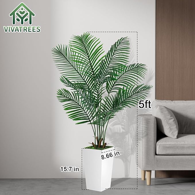 Palm Tree 5FT Artificial, 60in Tall Faux Palm Tree with 15.7 White Planter, Fake Potted Tree for Indoor & Outdoor Home Office Decor