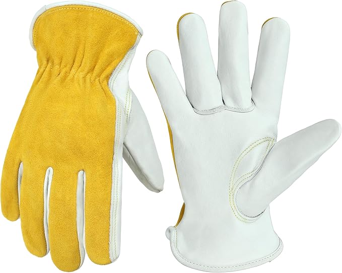 HANDLANDY Men Leather Gardening Gloves, Utility Work Gloves for Mechanics, Construction, Driver