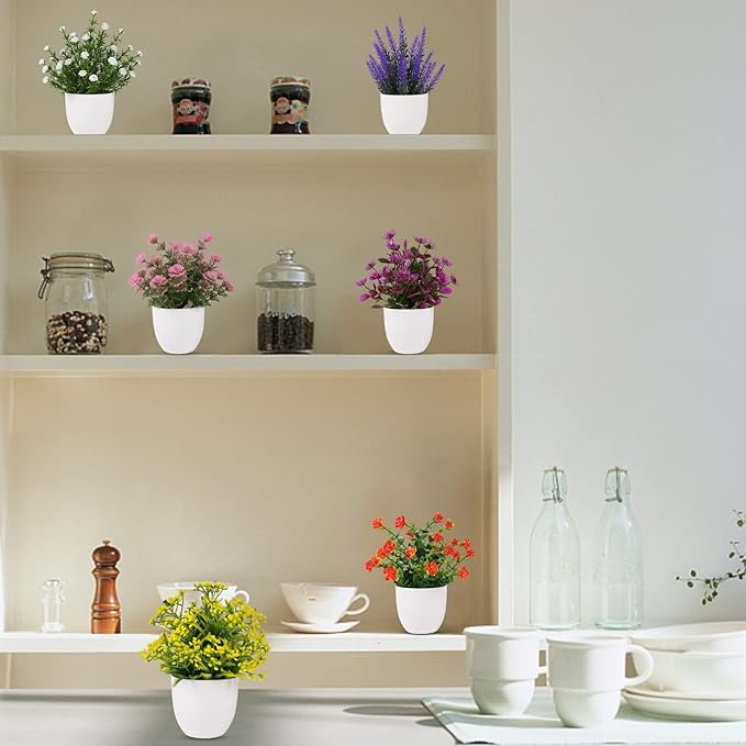 Artificial Small Plant 6pcs Fake Flower Potted Plant Bathroom Faux Plant for Indoor Decor Window Tabletop Office Colorful Flower