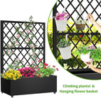 Metal Planter Box with Privacy Screen Trellis,Galvanized Raised Garden Bed On Wheels for Climbing Plants Vines, Standing Garden Flower Bed with Drainage Holes (Black, 35" L x16 W x 55" H)
