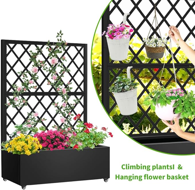 Metal Planter Box with Privacy Screen Trellis,Galvanized Raised Garden Bed On Wheels for Climbing Plants Vines, Standing Garden Flower Bed with Drainage Holes (Black, 35" L x16 W x 55" H)