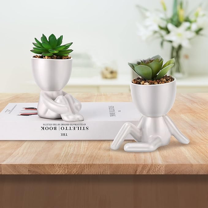 Fake Succulent, Mini Succulents Plants Artificial in White Modern Human Shaped Ceramic Pots Cute Desk Decor Pink Succulent for Office Decor for Women Girls, Desk Plant Cute Bathroom Decor 2PCS