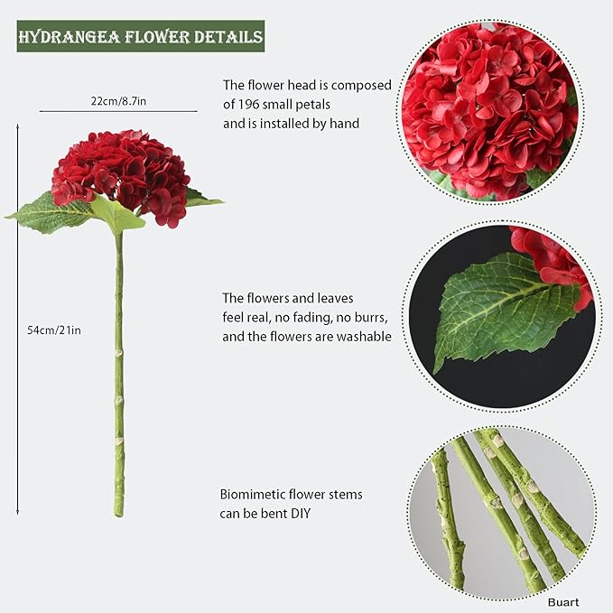 Buart 4PCS Long Stem Big Size Flowers Artificial Silk Hydrangea Lifelike Flowers Real Touch Red Artificial Flowers Wedding Shower Bride Bouquets Office Living Room Table Decorations (21 Inch)