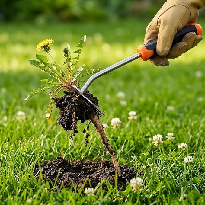 Weed Puller Tool with Thick Work Gloves, 4-Teeth Stainless Steel Hand Weeder, Deep Root Weed Remover for Dandelions Crabgrass, Gardening Weeding Tools for Garden Backyard Farm 13.7inch
