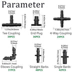 220PCS 1/4" Drip Irrigation Kit Barbed Connectors, Straight Barb, Tee, Single Barb, End Plug, Elbow, 4 Way Coupling Irrigation Fittings for Garden Lawn Flower Pot
