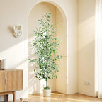 Caxchiling Fake Ficus Tree 6FT,Artificial Floor Plants for Indoor Outdoor, Lifelike Potted Tree with Moss Topper and Cotton Basket, Home Office Living Room Bedroom Doorway Decor (White-Edged Leaves)