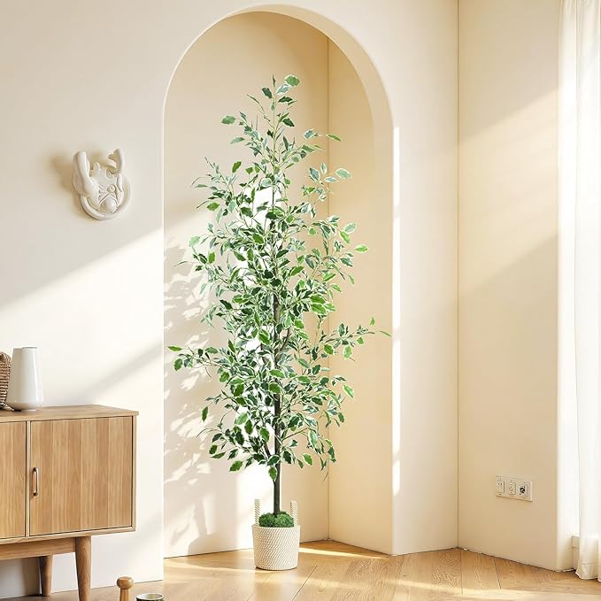 Caxchiling Fake Ficus Tree 6FT,Artificial Floor Plants for Indoor Outdoor, Lifelike Potted Tree with Moss Topper and Cotton Basket, Home Office Living Room Bedroom Doorway Decor (White-Edged Leaves)