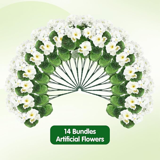 14Pcs Geranium Artificial Flowers for Outdoors Decoration Geranium Silk Flowers Outsides UV Resistant Garden Plants Faux Flower for Front Door Garden Porch Planter Patio Balcony Yard Indoor (White)